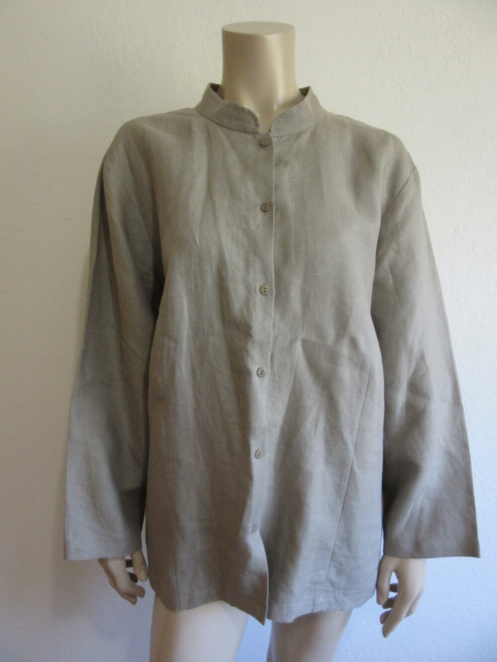 EILEEN FISHER Linen Button Collared Long Sleeve 2X Tunic Blouse Flaws-JB2